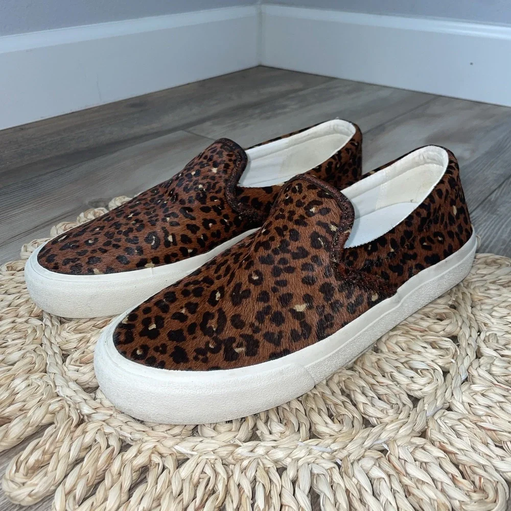 Madewell Women's 8 Sidewalk Slip On Sneakers Real Calf Hair Leopard‎ Print